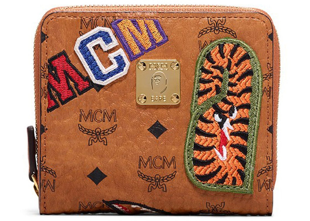 MCM x BAPE Shark Zip Wallet Visetos Mini Cognac